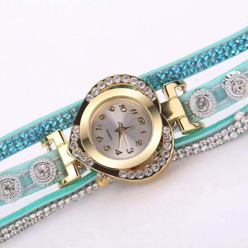 Uhren Elegante Damen-Modeuhr mit herzförmigem Zifferblatt, Strasssteinen und mehrfarbigem PU-Armband – Stilvolle Quarzarmbanduhr für die Freizeit_voghion.com
