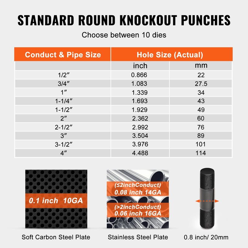 VEVOR 15 Ton Hydraulic Knockout Punch Driver Kit Hole Tool 1/2"-4" with 10 Dies_voghion.com