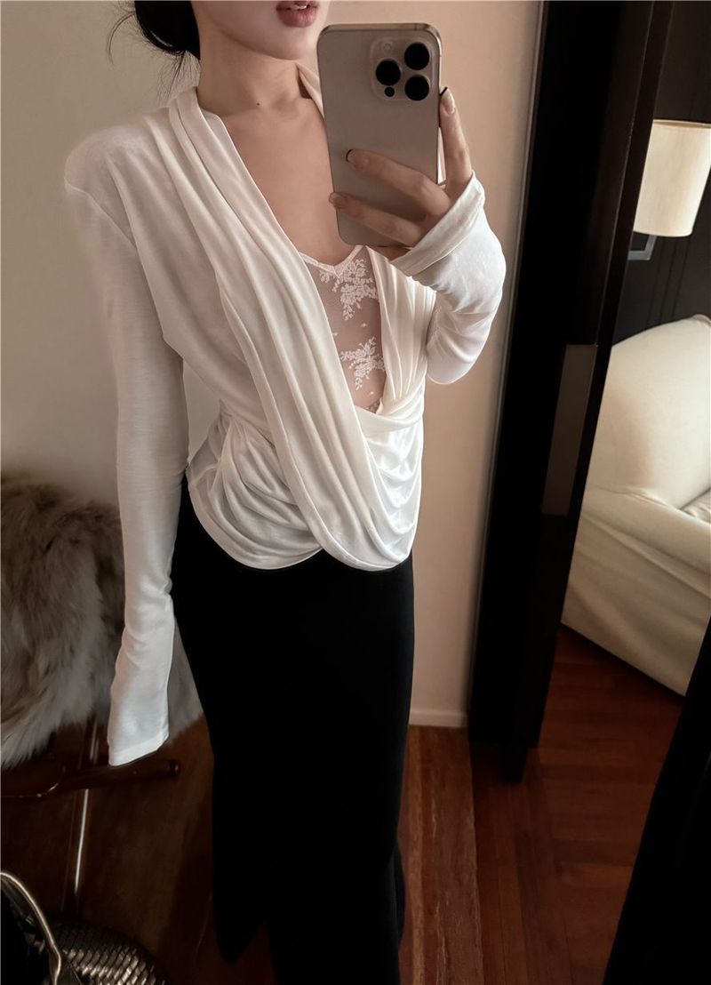 Sexy tričko ve francouzském stylu s výstřihem do V, mírně průhledné, pro ženy, jarní krajkový střih, s úzkým topem uvnitř_voghion.com