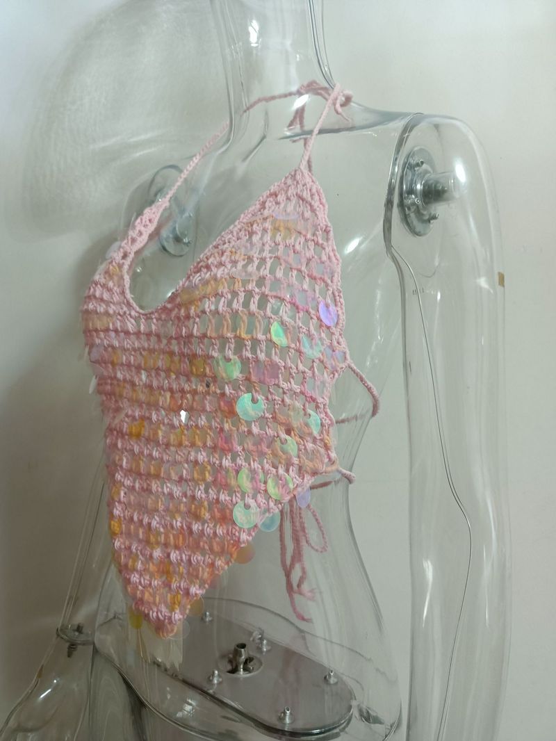 Sexy, ausgehöhltes, rückenfreies Bikinioberteil mit Perlenquasten – trendige Häkelbademode für Damen, ärmellose Strandmode mit V-Ausschnitt in mehreren Farben (S/M/L)_voghion.com