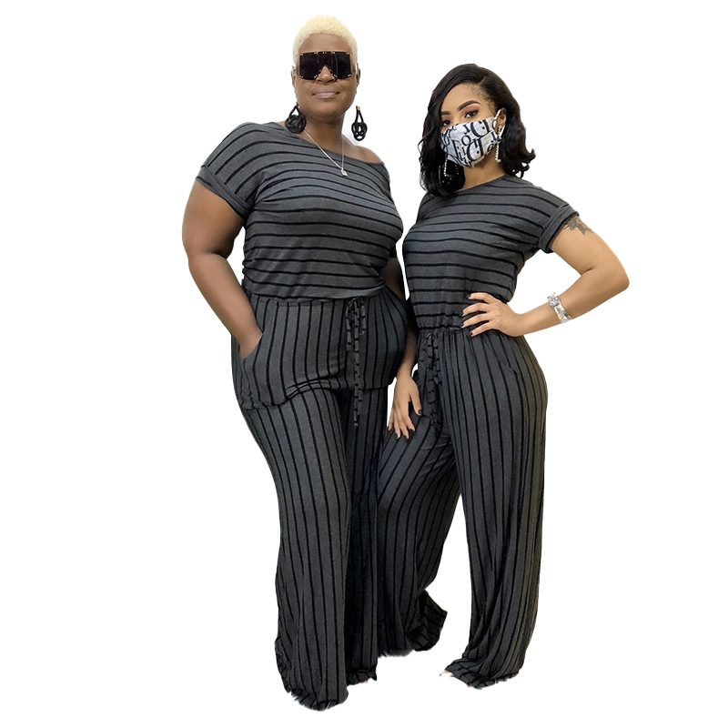 striped printed knitted stretch style women's plus size jumpsuit_voghion.com