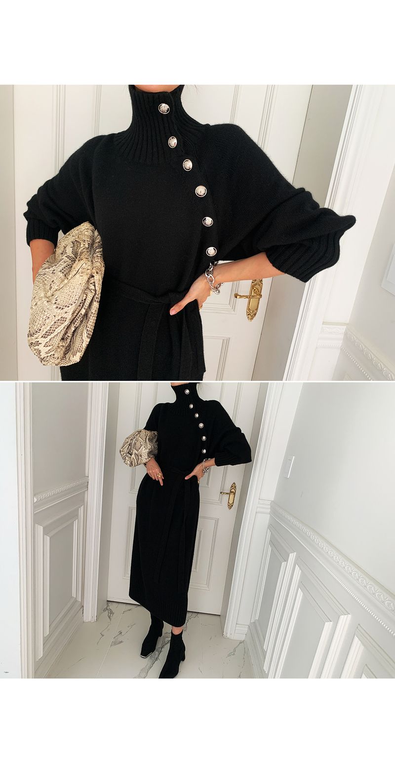 Damen-Pulloverkleid mit Rollkragen, über dem Knie, zweiteilig, Strickkleid mit Schnürung und Taille_voghion.com