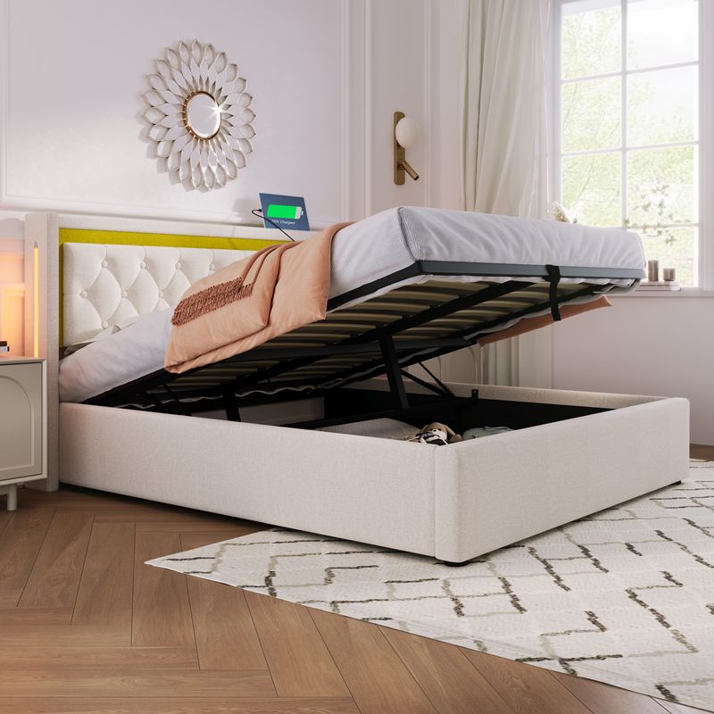 Lit double avec rangement LED et chargement USB Type-C, tête de lit rembourrée en coton, cadre de lit enfant 140 x 200 cm avec sommier à lattes (matelas inclus)_voghion.com