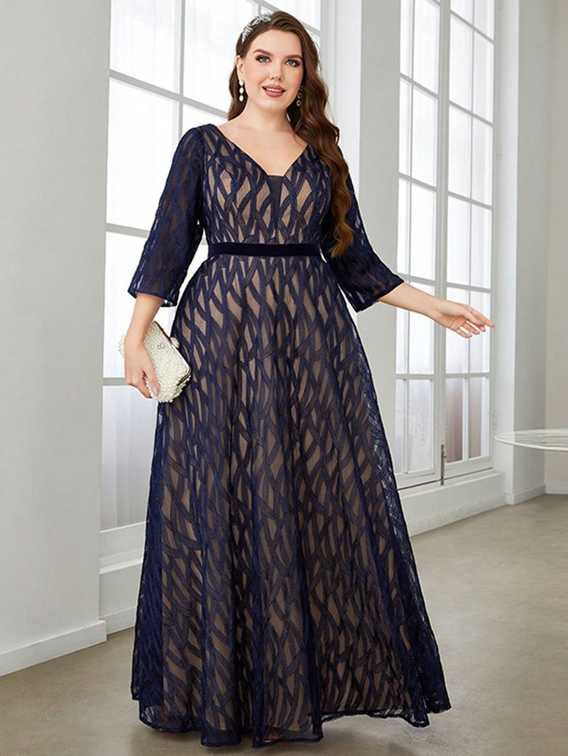 Robe de soirée élégante grande taille à col en V profond pour fêtes, mariages et occasions spéciales – Robe trapèze en polyester extensible avec détails brodés_voghion.com