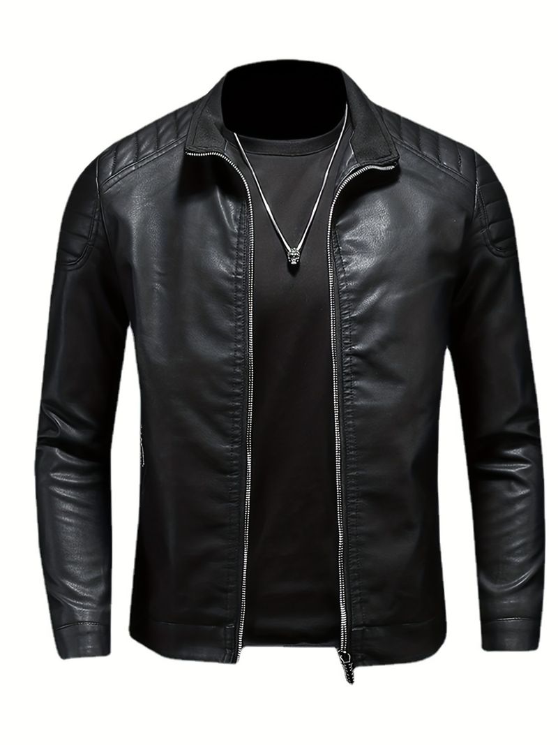 Men's Stand Collar Jacket - Polyester Polyurethane Blend, Solid Color, Long Sleeve, Regular Fit, Zipper Closure, Woven_voghion.com