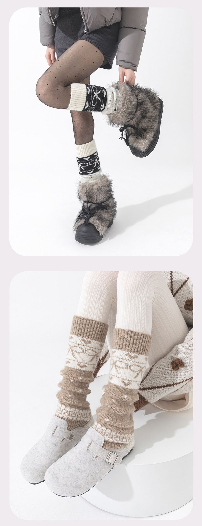 Wollsocken für Damen, Herbst und Winter, warm, verdickt, mit Liebesschleife, Wadenärmel, Maillard-Stil, gestrickte Florsocken_voghion.com
