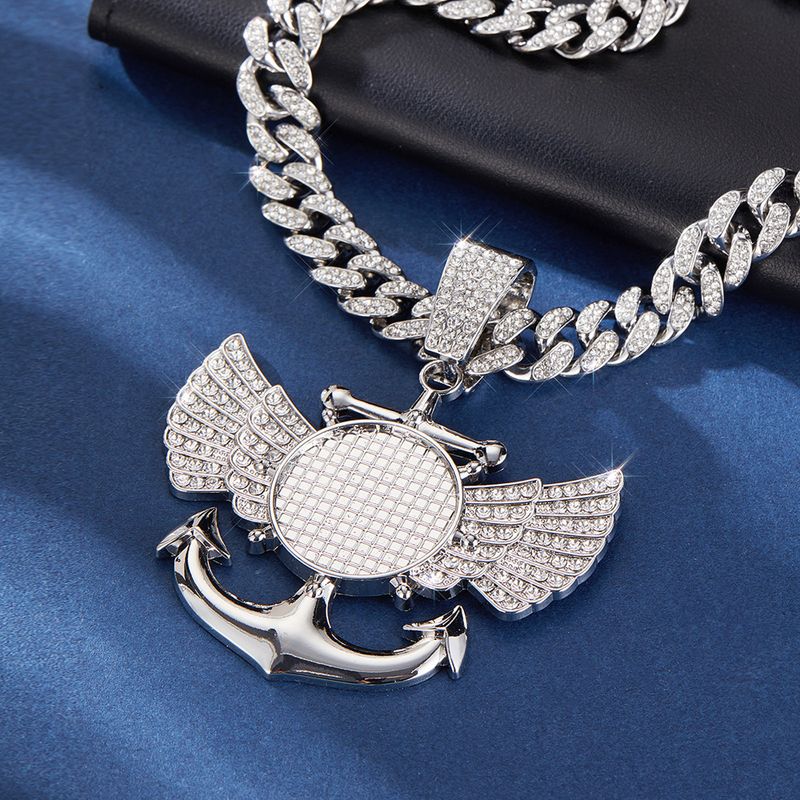 Photo Frame Wings Anchor Full Diamond Creative Design Alloy Rhinestone Cuban Chain Pendant Hip Hop Accessories_voghion.com