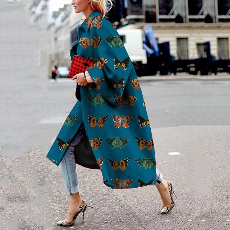 Cappotto a maniche lunghe svasate primavera e autunno 2024 Giacca a vento ampia stampata per donna_voghion.com