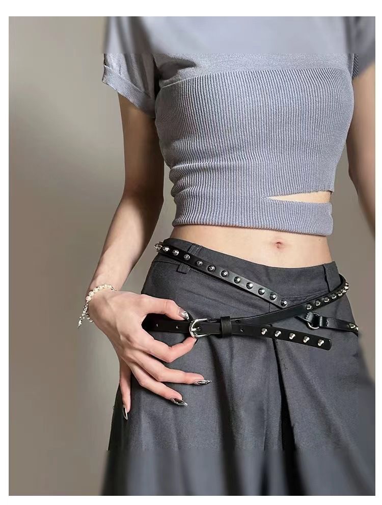 Ceinture à rivets extra longue et fine pour femme, nouvelle collection 2025_voghion.com