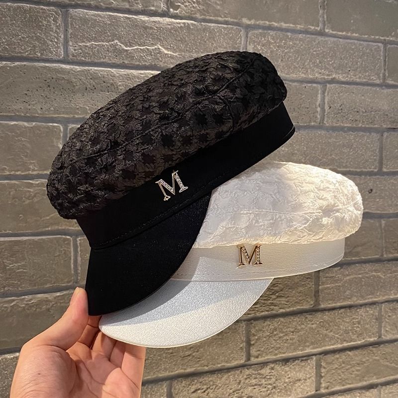 Béret plat et polyvalent pour femmes, lettre M, printemps/été, fin, décontracté, polyvalent, langue de canard pliée, chapeau octogonal_voghion.com