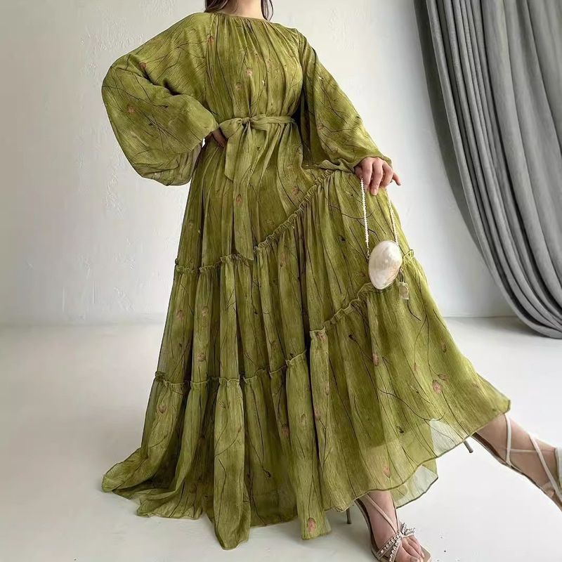 Bayanlar Yeni Müslüman Şifon Kemer Bornoz Moda Şık Elbise_voghion.com