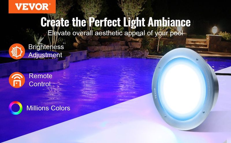 VEVOR 120V AC LED Pool Light, 10in 40W, RGBW Color Changing Inground Swimming Pool Spa Light Underwater, With 100 FT Cord Remote Control, Fit For 10 In Large Wet Niches, IP68 & Tested To UL Standards_voghion.com