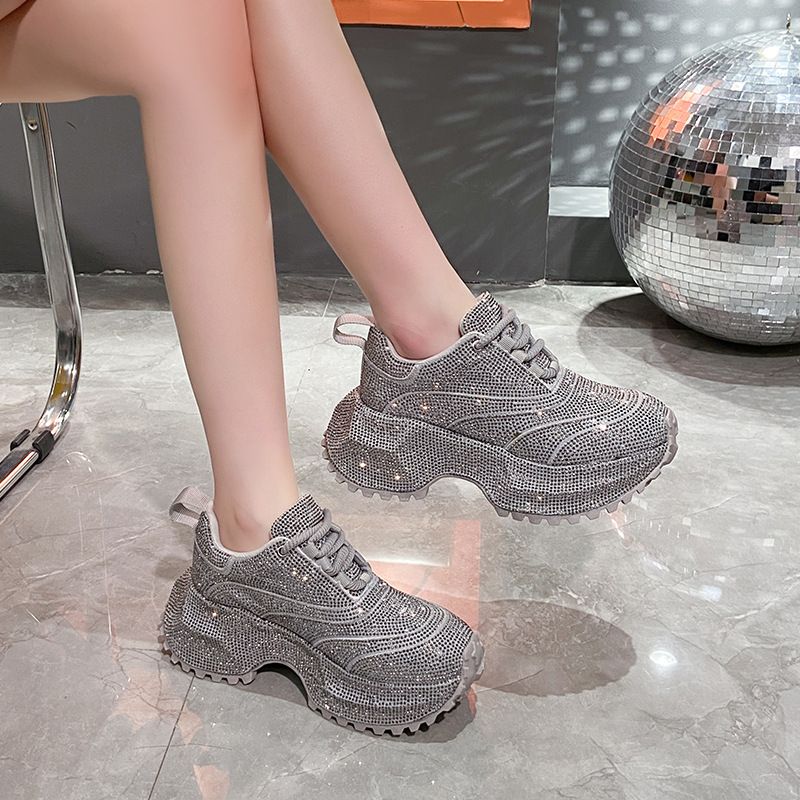 Modische Damen-Sneaker mit Strasssteinen – klobige Plateauschuhe für mehr Körpergröße, atmungsaktives Obermaterial aus PU, lässige und trendige Low-Top-Schnürschuhe_voghion.com