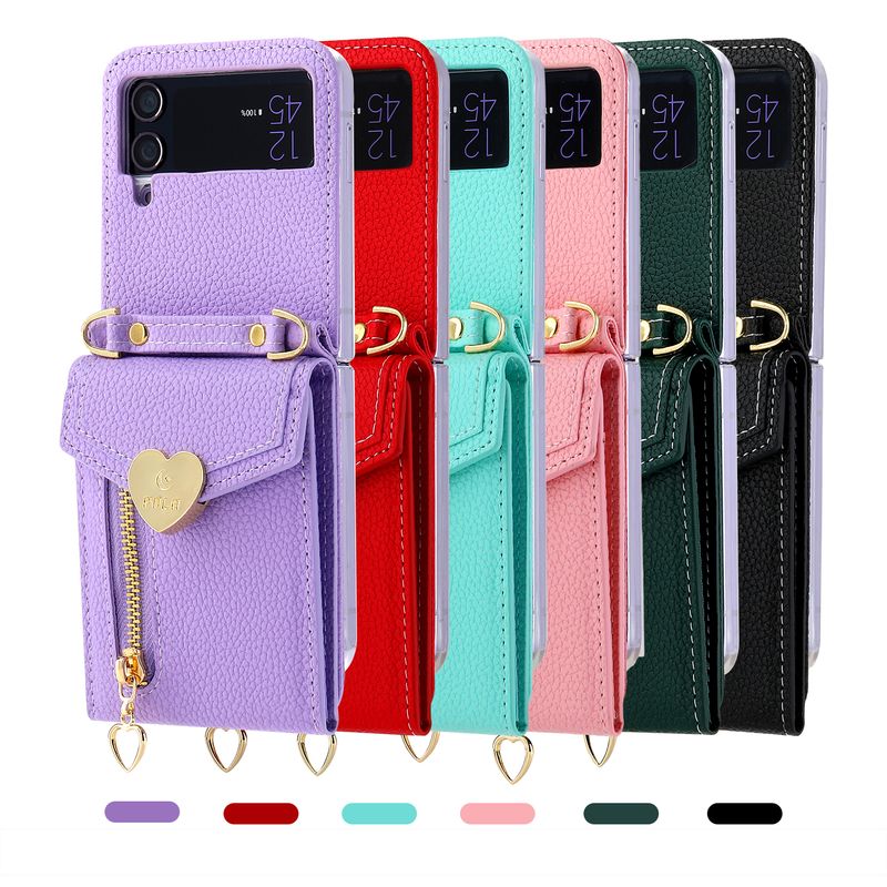 Bolsa de moedas com zíper Bolsa de couro transversal Bolsa carteira para Samsung Z Flip 6 4 5 3 Flip3 Alça de pescoço Alça de ombro Capa porta-cartão_voghion.com