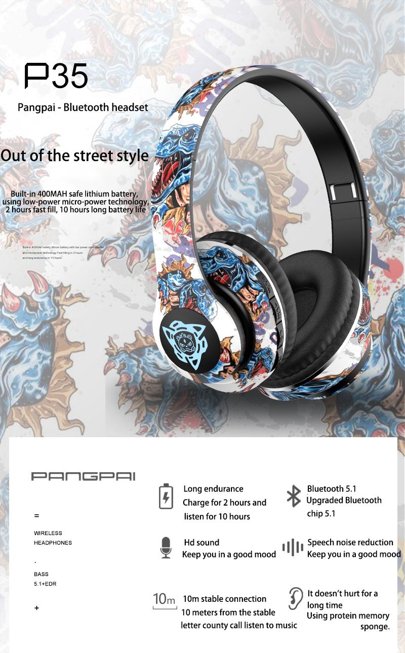 Cuffie over-ear Bluetooth 5.1 wireless in stile graffiti con scheda TF/radio FM e modalità AUX – 8 ore di riproduzione, ABS leggero (vari colori)_voghion.com