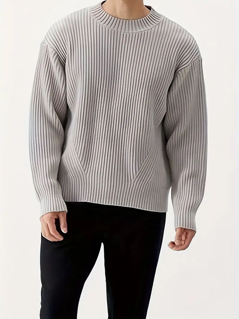 Men’s Oversized Knit Sweater - Relaxed Crewneck Pullover In Soft Gray (L/XL/2XL/3XL)_voghion.com