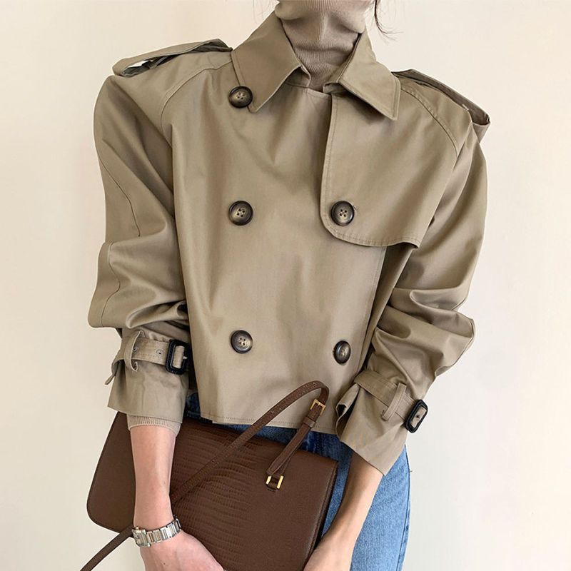 Chaqueta cortavientos de manga larga, holgada, versátil, con diseño de solapa retro y doble botonadura para mujer_voghion.com