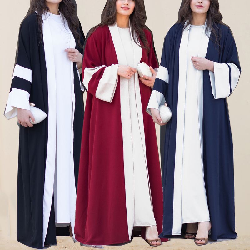 Elegant Contrast-Trim Abaya – Modest Long Dress With Flared Sleeves (S-XL, Black/Navy/Red)_voghion.com