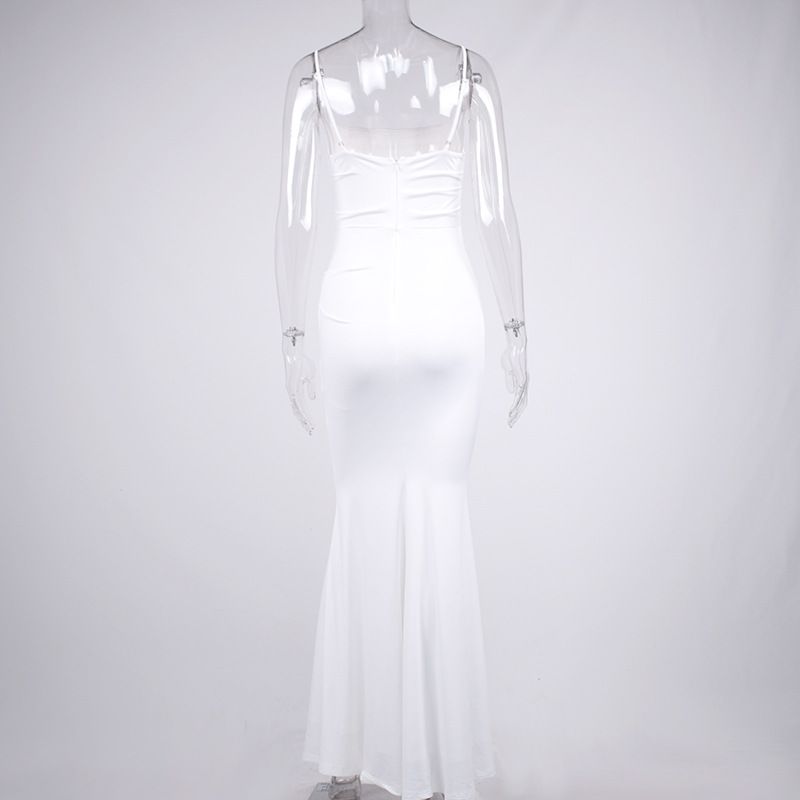 Damenbekleidung Fischgrätenmuster Rückenfrei Hosenträger Fischschwanzrock Langes Kleid_voghion.com