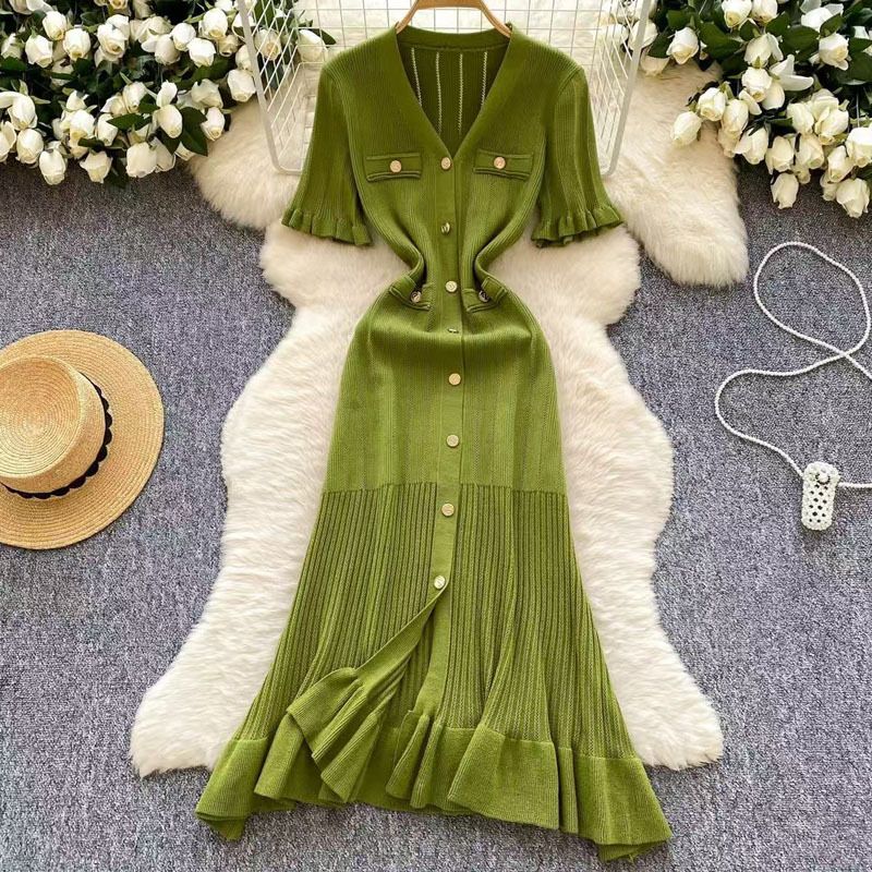 Gonna a trapezio con scollo a V e maniche corte, con volant, stile primaverile ed estivo, abito in maglia aderente e attillato_voghion.com