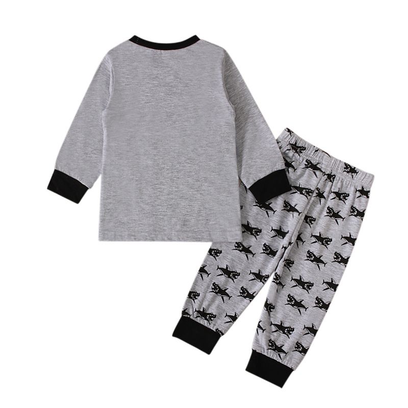 mother & kids spring and autumn winter style long-sleeved gray cartoon shark T-shirt with printed trousers 2-piece children's clothing_voghion.com