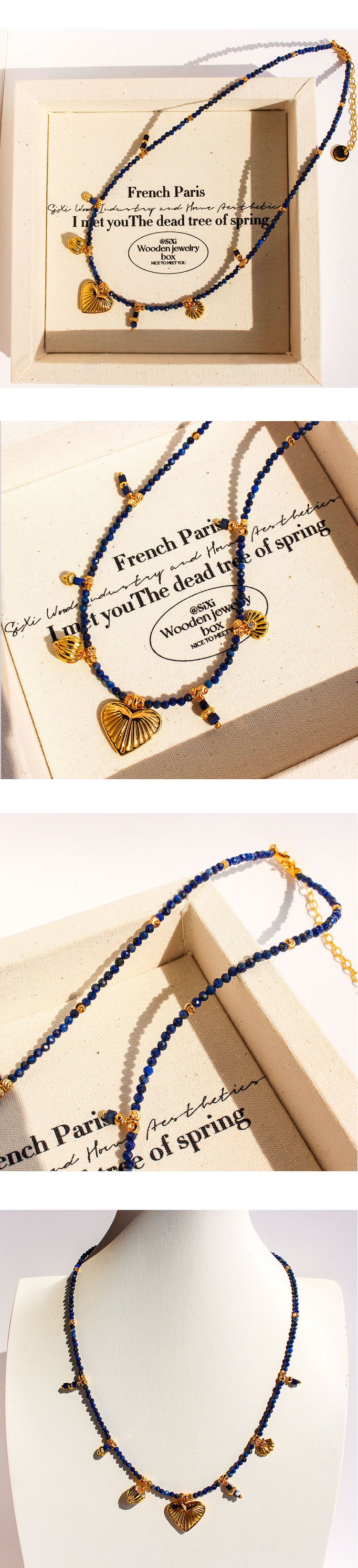 Collana di perline di lapislazzuli con pendente a moneta e conchiglia – Catena a strati bohémien realizzata a mano, design geometrico e a cuore per le vacanze al mare_voghion.com