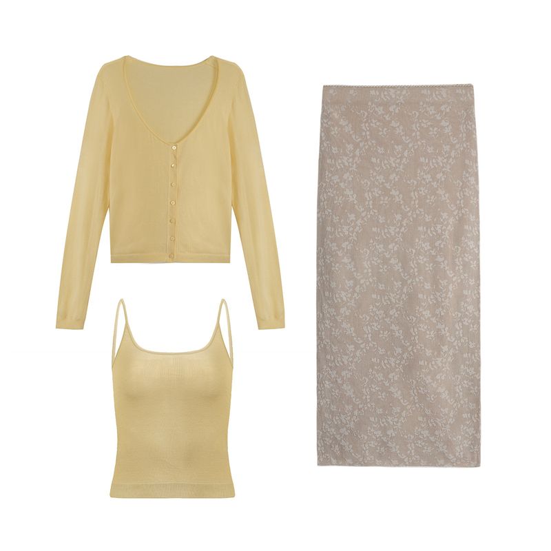 Basis tweedelig slank gebreid vest met camisole/bloemen heuprok, middellange, veelzijdige halve rok_voghion.com