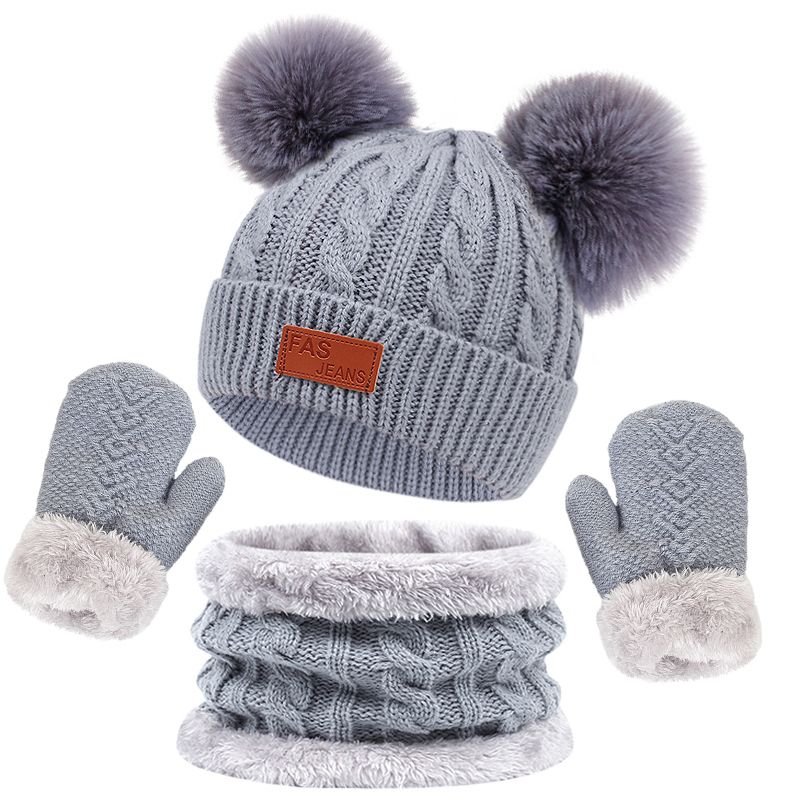 Kanner Wantermütz Schal Handschuesch Set Duebelkugel Fleece Futter Puppelchenmütz fir Jongen Meedercher Einfarweg Puppelchen Strickmütz 1-4 Joer_voghion.com