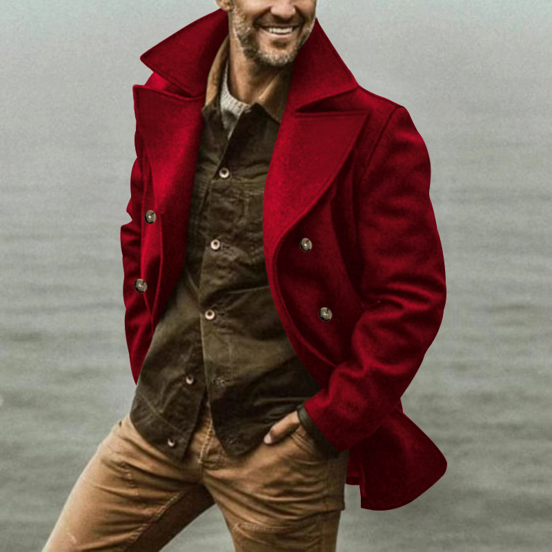 2024. gada rudens/ziemas kompozītmateriāla vīriešu mētelis vidēja garuma divrindu piegriezuma vējjaka ar pogām un atveramu apkakli_voghion.com