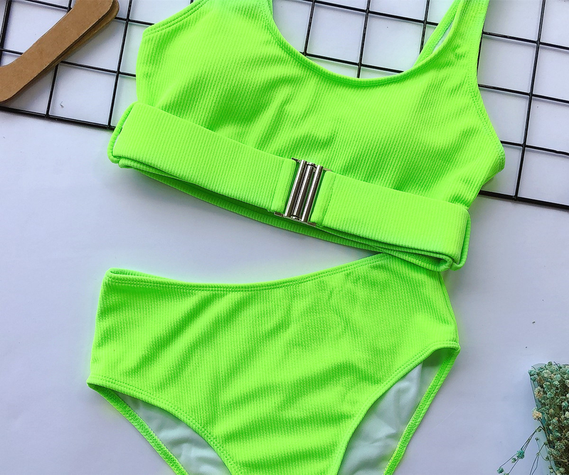 Hot Bikini Hot Sale High Waist Solid Color Bikini Pit Strip Swimsuit Split Buckle Bikini_voghion.com