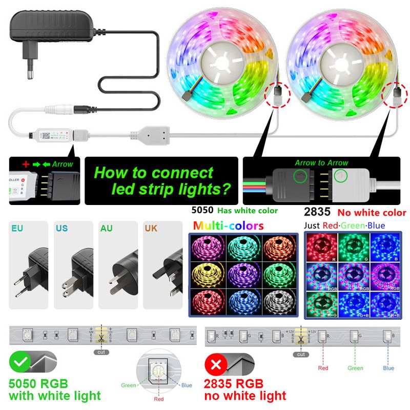 Tira de LED Wifi Tuya de 20 m y 50 pies, 12 V, 5 m, funciona con Alexa, Google Assistant, control por Bluetooth, cinta de luz de neón RGB 2835 para habitación_voghion.com