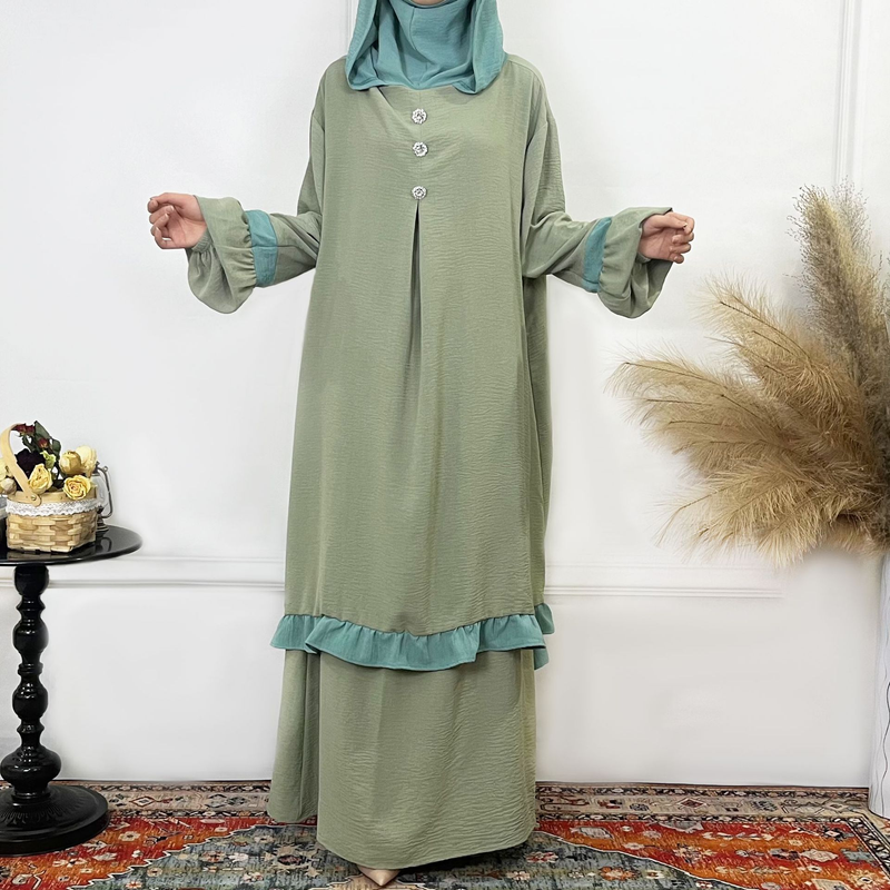 Women's Clothing Solid Color Ruffled Burkha Two Piece Set_voghion.com