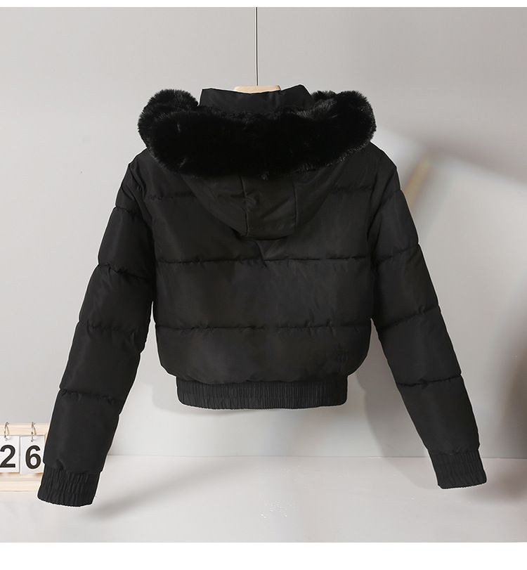 Piumino corto da donna con cappuccio e bordo in pelliccia sintetica - Caldo cappotto invernale foderato in pile per capispalla casual e di piccola taglia, nei colori nero/beige/kaki/marrone_voghion.com
