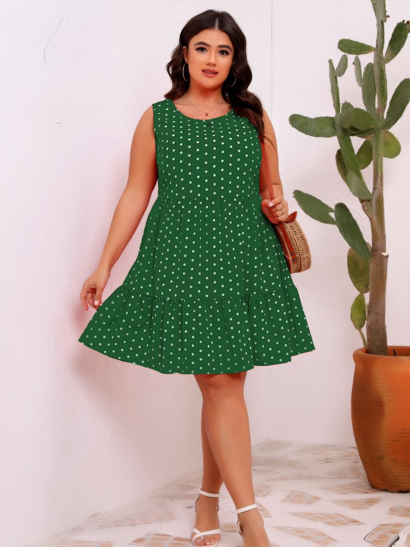 Women's Clothing Round Neck Sleeveless Polka Dot Loose Large Swing Ruffle Dress_voghion.com