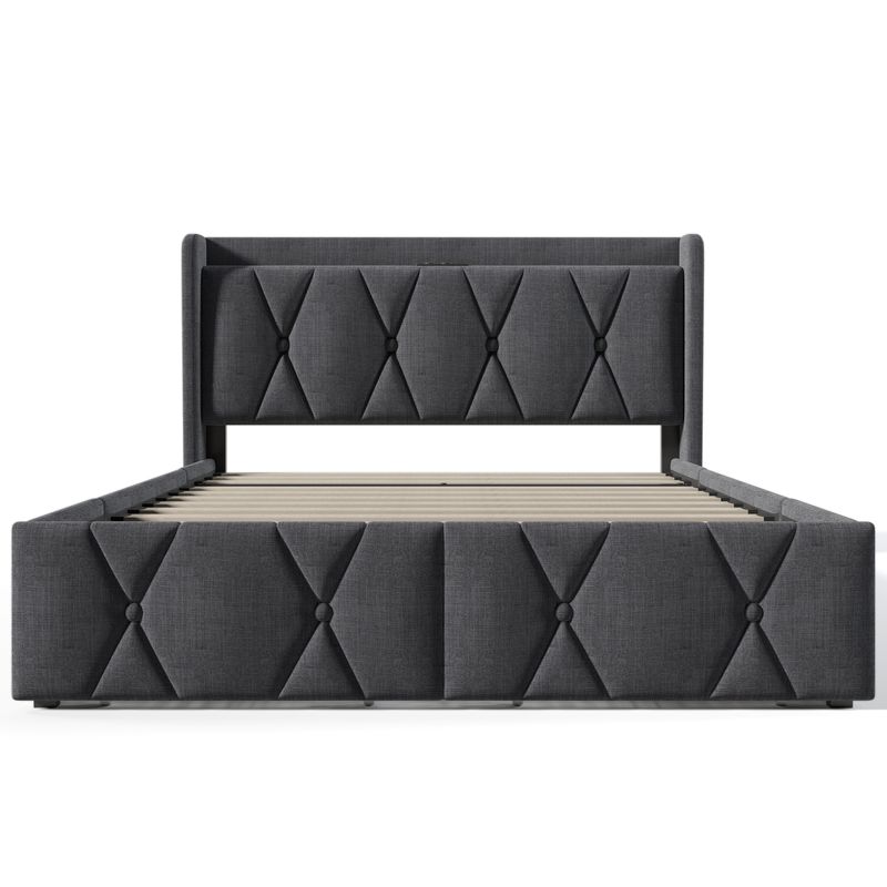 Cadre de lit double avec rangement 140 x 200 cm, avec port USB, tête de lit capitonnée et 4 tiroirs, sommier à lattes en bois gris (avec matelas)_voghion.com