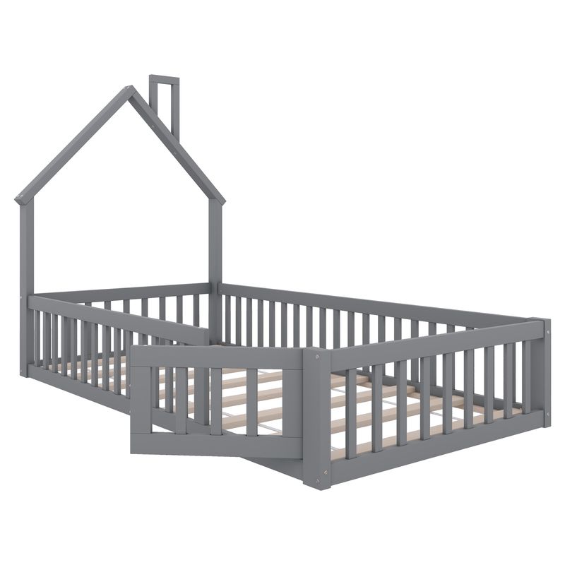 Hausbett 90x200cm in Schornsteinform, Kiefernholz, Grau_voghion.com