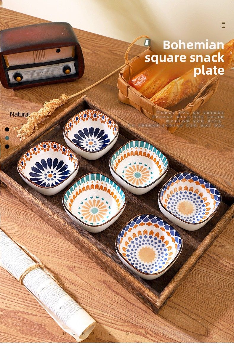 Bohemian Ceramic Flavor Japanese Style Household Soy Sauce Snack Plate Points Redemption Gift Tableware Set_voghion.com