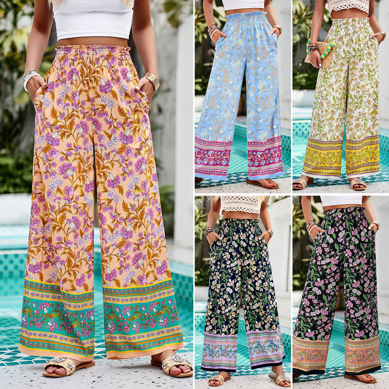 Pantaloni a gamba larga stampati in rayon eleganti casual primavera estate 2024 da donna Diyun_voghion.com