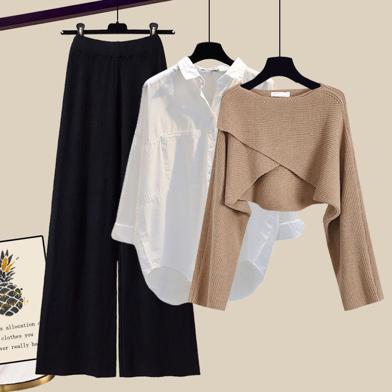 Women’s Clothing Fashion autumn suit women sweater women new large size women's shirt wide leg pants three piece knitted slim_voghion.com