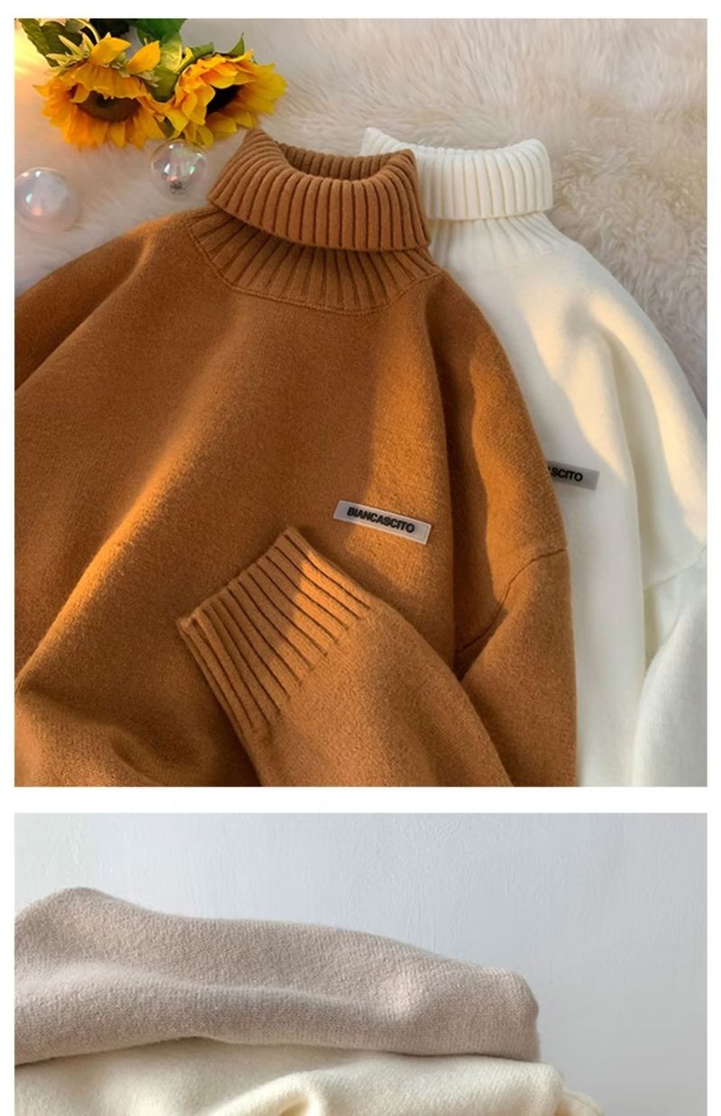 Einfarweg Etikett Héichhals Männer a Fraen am Wanter, déck koreanesch Versioun, faulen Stil, gestrickt fir Koppelen, villfälteg_voghion.com
