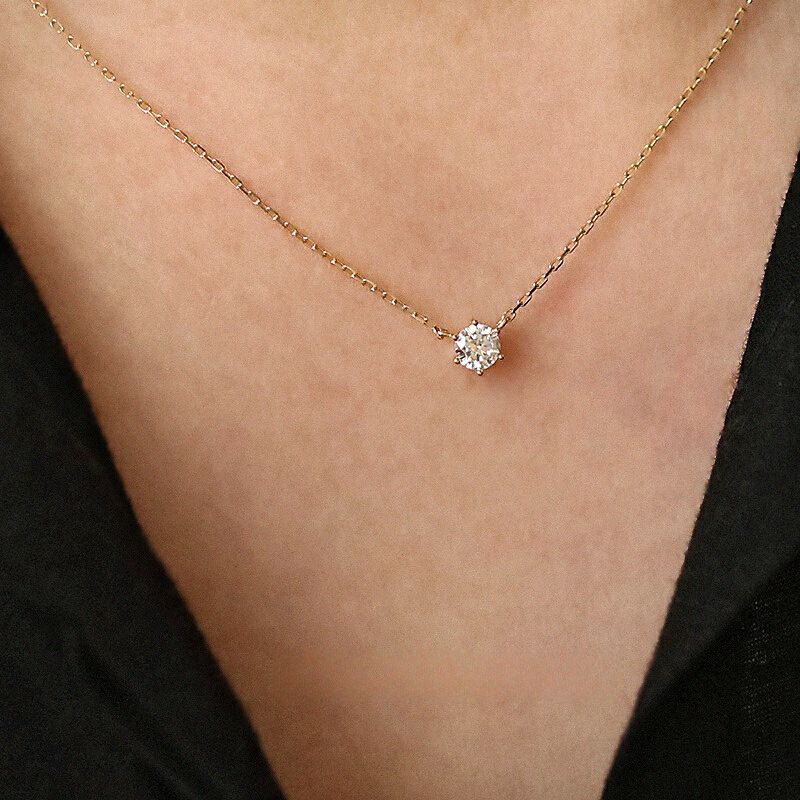 Collar clásico de un solo diamante con baño de plata pura de oro de 14 quilates y cadena de clavícula de circonita de seis puntas, colgante simple y versátil_voghion.com