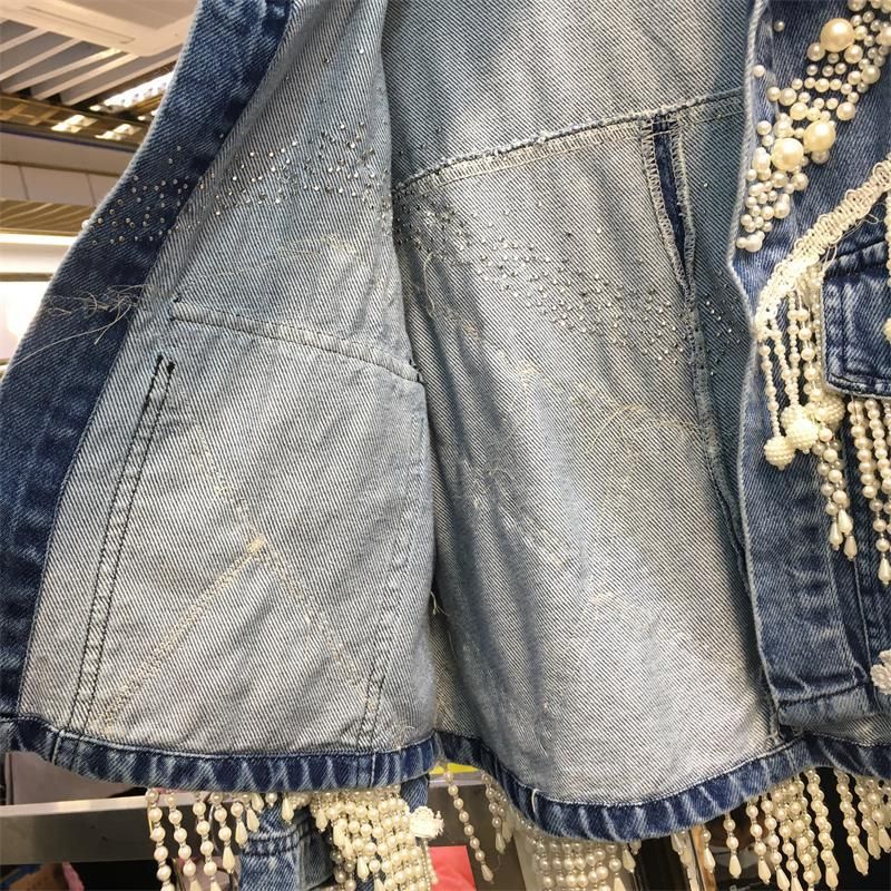 Damenbekleidung Heavy Duty Nagelperlen Quaste Jeansjacke Damen 2024 Frühjahr Neue lose Straße Strahlloch Trendy Top_voghion.com