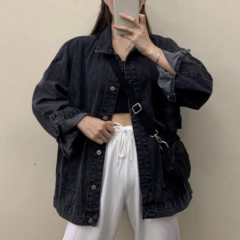 Damjacka tvättad denim Enkelknäppt koftaknappar Håller värmen Långa ärmar Nedfällbar krage Kvinnor Kappa Kvinna_voghion.com