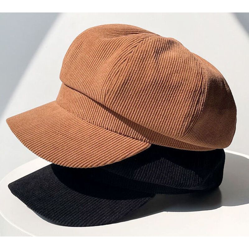 Women's Autumn Winter Octagonal Artistic Beret Corduroy Newsboy Cap British Style Painter Hat_voghion.com