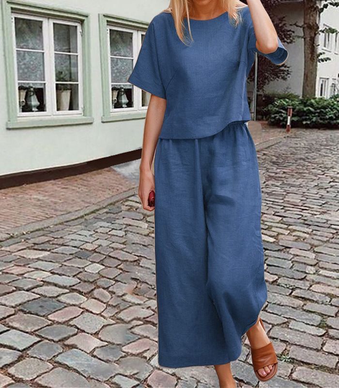 Damen große Größe Anzug Leinen Freizeit lose einfarbig Anzug zweiteiliger Anzug_voghion.com