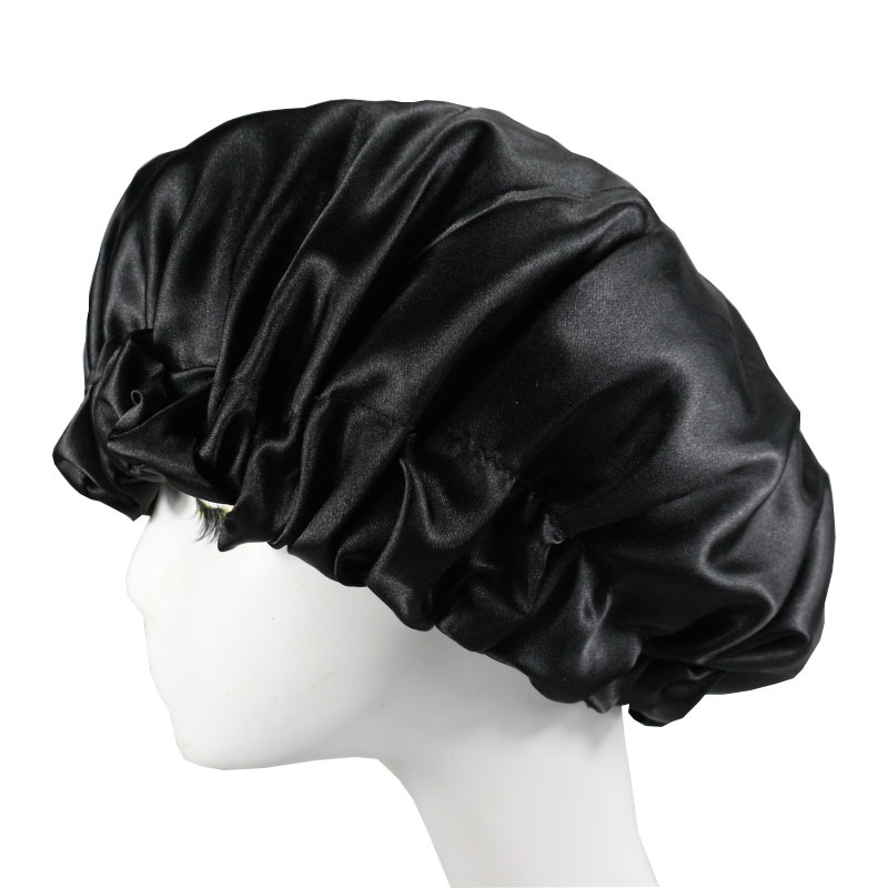 Berretto da notte in seta da donna, berretto nero in raso riccio, fibbia giapponese, regolabile, traspirante, caldo, rotondo_voghion.com