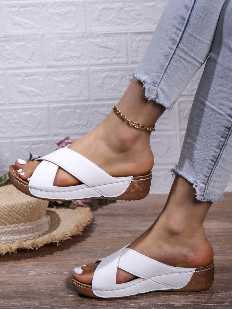 New Women's Sandals Cross Wedge Heel Thick Sole Simple Casual Outside To Wear Slippers_voghion.com
