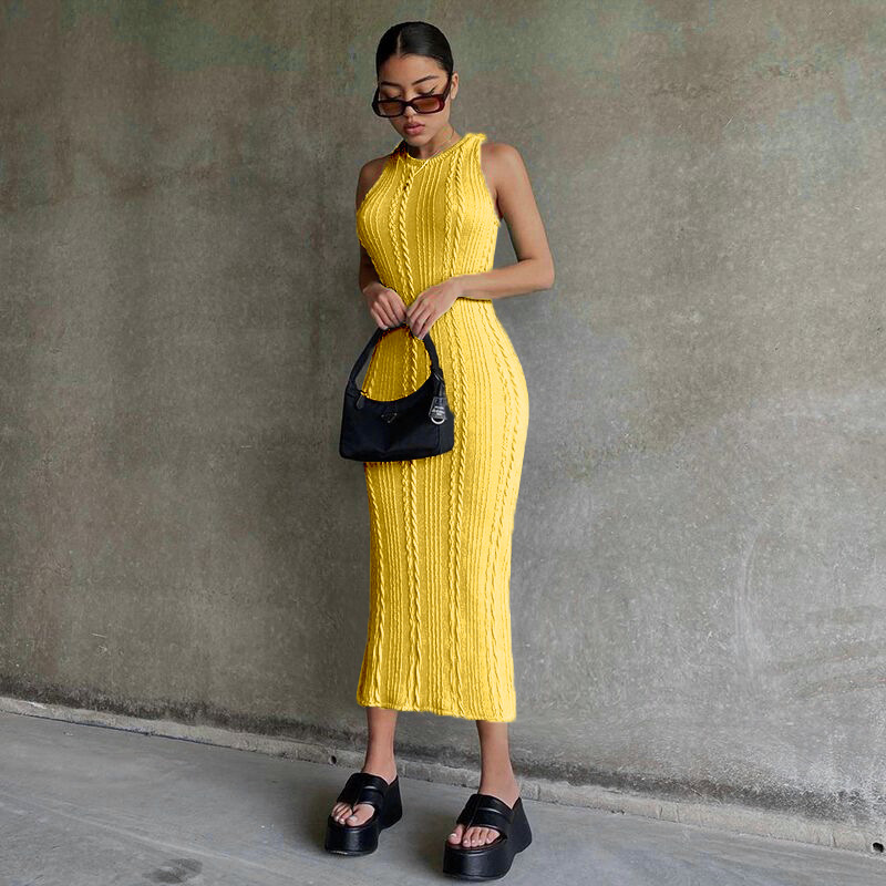 Abito girocollo senza maniche lavorato a maglia casual moda donna_voghion.com
