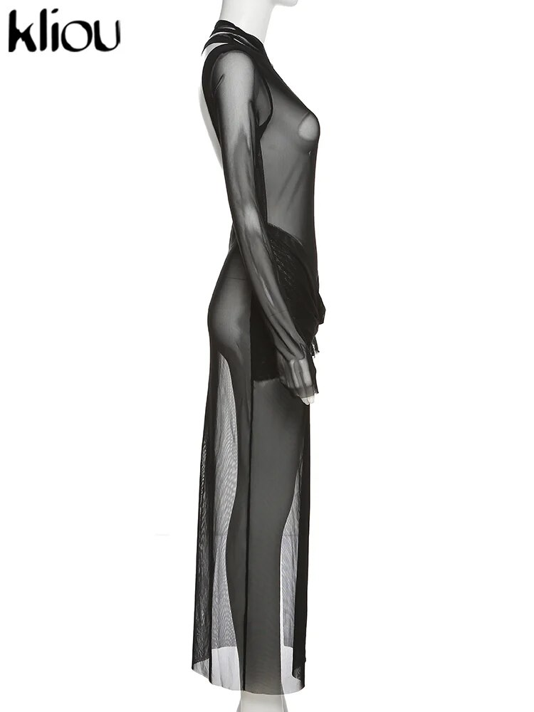 Kliou Vestido Maxi de Malha Elegante Transparente Feminino Hipster Manga Completa Sem Costas Modelando o Corpo Robe Deslumbrante Vestido Feminino para Noite_voghion.com
