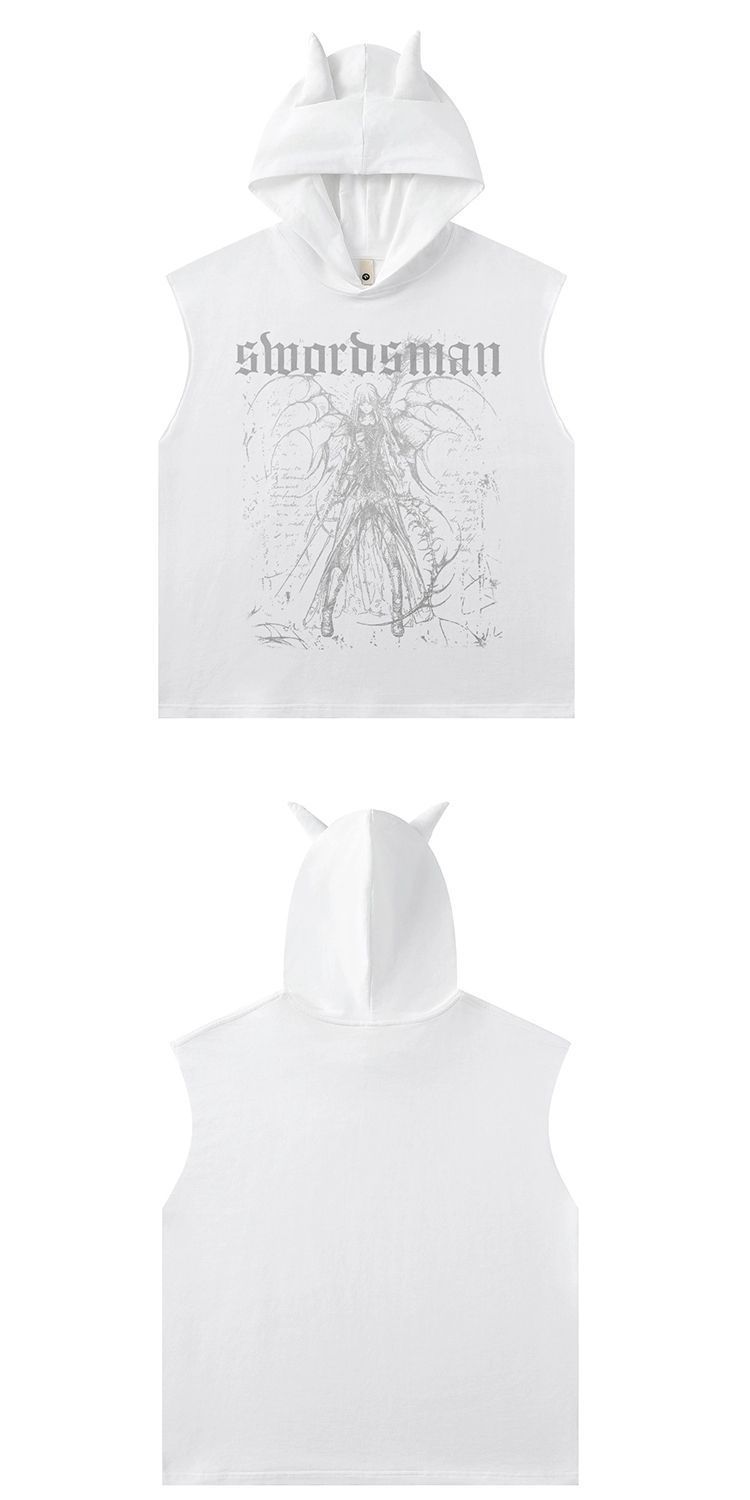 Trendig Dark Washed Cross Devil Loose Hooded ärmlös T-shirtväst_voghion.com